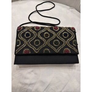 Vintage Carla Marchi Beaded Evening Clutch Black Satin Shoulder Bag